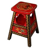 Handmade Asian Furniture - 19" Red & Black Tibetan Accent / End Table With Gold Trim & Carved Panels