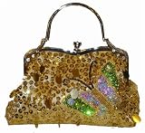 Beaded & Sequined Golden Evening Clutch Bag. A Beautiful Butterfly Pattern W/Shoulder Chain
