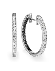 1.15 Carat (ctw) Sterling Silver Black and White Round Diamond Ladies Hoop Earrings
