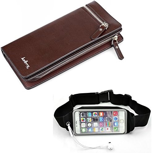 Katloo COMBO - Men's Long Leather Bifold Wallet with Phone Pocket + Running Belt Waist Pack, Sweatproof Reflective Belt Waist Bag for iPhone 6S/6,Samsung Galaxy S6/S5