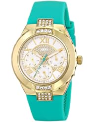 GUESS Womens U0327L3 Green Silicone Multi-Function Watch with Gold-Tone Case & Interlinks