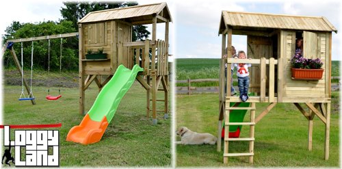Imagen 2 de LoggyLand 9278 - casa de zancos con tobogán y columpio doble