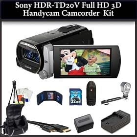 Sony HDR-TD20V Full HD 3D Handycam Camcorder Kit. Package Includes: Sony HDRTD20V Camcorder, Extended Life Battery, Rapid Travel Charger, 32GB Memory Card, Memory Card Reader, Memory Card Wallet, HDMi Cable, Video Light, Large Carrying Case, Table Top Tripod, LCD Screen Protectors & Cleaning Kit
