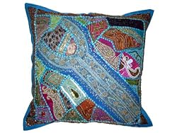 Azure Blue Vintage Sari Beaded Floor Pillows Cushion Cover India 24 Inch