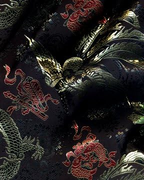 45" Chinese Brocade Fabric, Phoenix - Black - by the yard