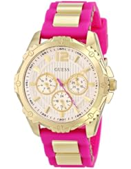 GUESS Womens U0325L3 Pink Silicone Multi-Function Watch with Gold-Tone Case & Interlinks