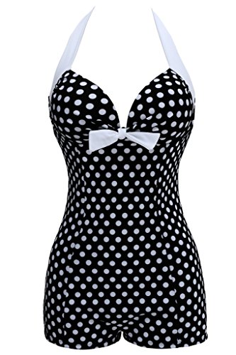 50s Retro Vintage One Piece Elegant Bow Front Polka Dot Monokinis Swimsuit
