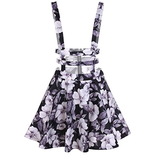 Bluetime Women High Waist Hollow Out Pleated Floral Print Suspender Braces Skirt