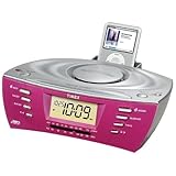 Dual Alarm Clock Radio with iPod - MP3 - CD Line-in Digital Display Audio Sound System - Pink & Silver