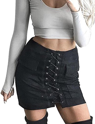 Allegrace Women Sexy Lace Up Bodycon Faux Suede Fashion Big Pocket Mini Skirt Black S