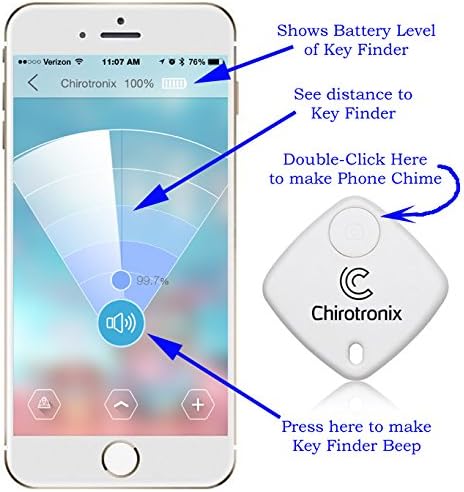 Key Finder by Chirotronix - Bluetooth Lost Item Locator - Use With Free App on iPhone or Samsung S4/S5 - Keychain, Wallet, Luggage, Pet - Remote Selfie Button - Find Your Cell Phone - 100% Money Back Guarantee!