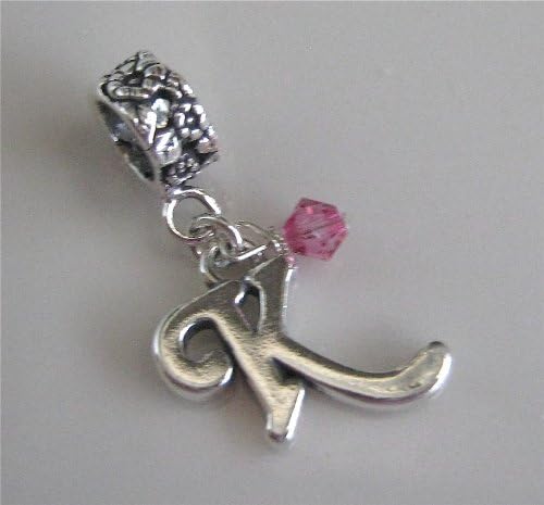 Initial K, Silver, Pink Crystal, October Birthstone, Charm, Dangle Bead, European