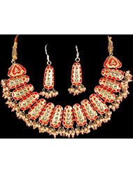 Vermilion and Gold Designer Necklace with Earrings Set - Lacquer with Cut Glass