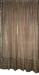 2 Unique Nut Brown Floral Printed with Paisley Print Border India Silk Sari Drapes Curtains