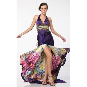 Hk9177 Print Satin Halter High Slit SPECIAL LINING Long Gown