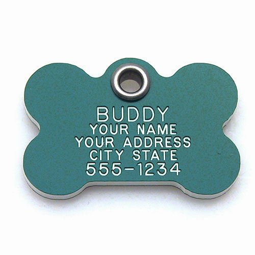 Pet ID Tag - Bone - Custom engraved cat and dog ID tags. Pet safety tag has reflective coating and is available in plastic, stainless steel and brass.