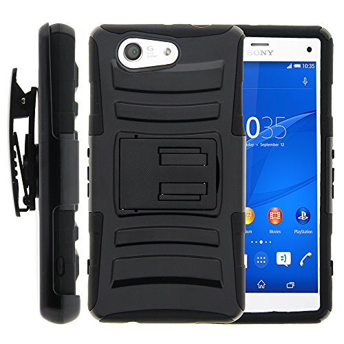 Xperia Z3 Compact Case, Xperia Z3 Compact Holster, Two Layer Hybrid Armor Hard Cover with Built in Kickstand for Sony Xperia Z3 Compact D5803 D5833 from MINITURTLE | Includes Screen Protector - Black