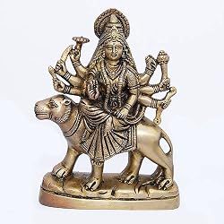 Religious Statue Goddess Durga Brass Sculpture Sitting on Lion 5.5 inches (durgab018)