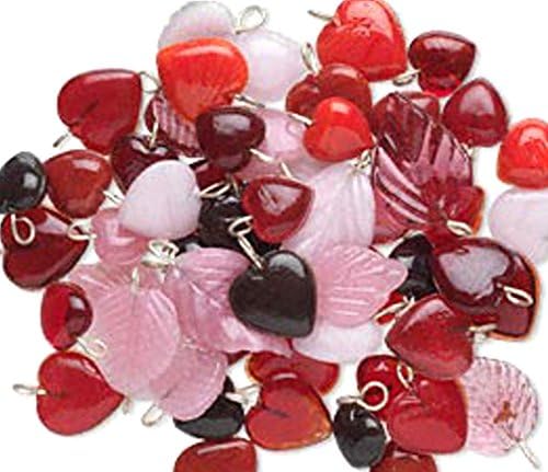Red and pink colored glass with silver-finished metal 11x11mm-22x15mm double-sided heart and leaf Drop mix. Sold per 50-gram pkg, approximately 55 drops.