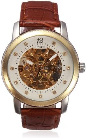 SEWOR Mechanical Leather Skeleton Rhinestone Wrist Watch.