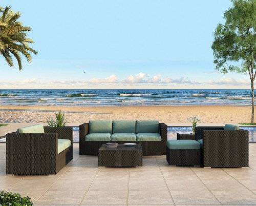 Harmonia Living Urbana 5 Piece Modern Outdoor Sofa Set with Turquoise Sunbrella Cushions Harmonia Living Urbana 5 Piece Modern Outdoor Sofa Set with Turquoise Sunbrella Cushions