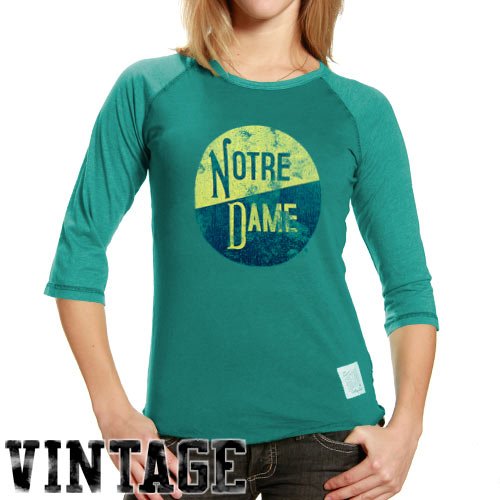 Original Retro Brand Notre Dame Fighting Irish Ladies Green Raglan Vintage Premium T-shirt (Small)