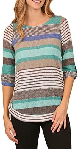 Women's Striped 3/4 Sleeve Top Blouse Made in USA (Small, Mint)