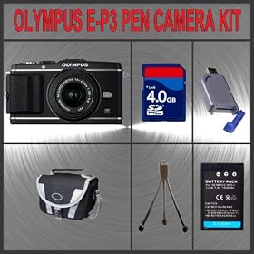 Olympus E-P3 PEN Digital Camera with 14-42mm Lens (Black) + Huge Accessories Package Including 4GB SDHC Memory Card + High Capacity PS-BLS1 Replacement Lithium-Ion Battery + Hi-Speed SD Card Reader + Carrying Case + Table Top Tripod Kit