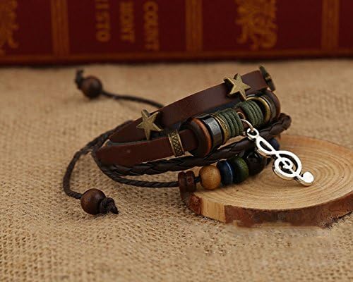 Carat Lovers Star Studded Music Notation Pendant Poetical Adjustable Leather Wrap Bracelet (Brown, Unisex, 2.36"/6cm-3.54"/9cm in Diameter)