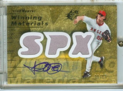Jered Weaver Autograph 2007 Upper Deck SPx Winning Materials Baseball Card #WM-JW #/15 Signed w/ Three Game Used Jersey Swatches / Los Angeles Angels