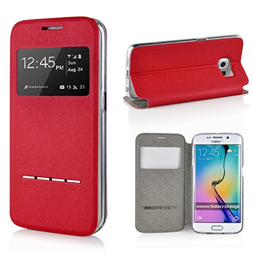 Samsung Galaxy S6 Edge , Galaxy S6 Edge, S6 Edge Leather Case View with Smart Unlock Window Metal Slide Touch for Galaxy S6 Edge (Red)
