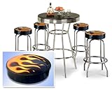 5 Piece Chrome Bar Table Set with 4 Chrome Finish Flame Fire Vinyl Seat Bar ....