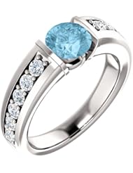 18K White Gold 6.00mm Round Cut Aquamarine and Diamond Ring -- LIFETIME WARRANTY