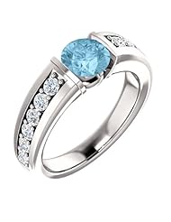 10K White Gold 6.00mm Round Cut Aquamarine and Diamond Ring -- LIFETIME WARRANTY