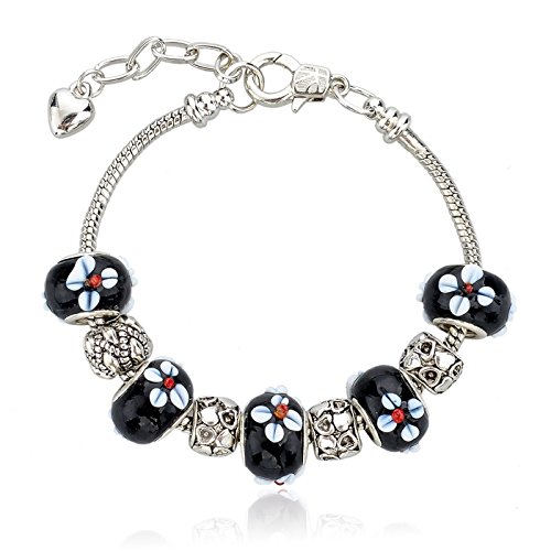 Long Way Women Silver Plated Snake Chain Black Maruno Glass Bead Flower Heart Charm Clasp Bracelet