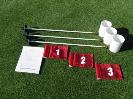 Golf Practice Putting Green - Natural or Synthetic - Deluxe Accessory Kit - (3) White Aluminum 6" Deep Regulation Cups + (1) Red Jr Flag with a White #1, (1) Red Jr Flag with a White #2, (1) Red Jr Flag with a White #3 + (3) 30" White Fiberglass Pin Markers with Ball Lifter Disk