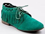 Breckelle's SANDY-24 Lace Up Fringe Flat Ankle Bootie