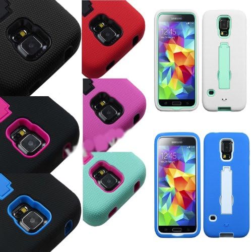 myLife (TM) Midnight Black and Electric Red - Shock Suit Survivor Series (Built in Kickstand + Easy Grip Silicone) 3 Piece + 2 Layer Case for NEW Galaxy S5 (5g) Smartphone By Samsung (External Flex Silicone Bumper Gel + Internal 2 Piece Rubberized Snap Fitted Armor Protector + Shock Absorbing Material)