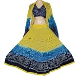 Unique Design Yellow Blue Boho Bohemian Tie & Dye Bandhej-bandini Lehnga Choli with, Block Print for Ladies Rajrang India