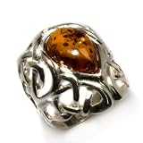 Certified Genuine Honey Amber and Sterling Silver Celtic Ring