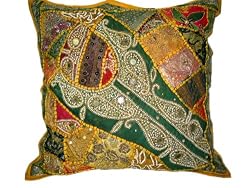 Sari Patchwork Gold Green Decorative Bollywood Pillow Case Cushion Cover 24"