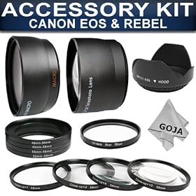 Click here to buy Essential Kit for CANON Rebel (T3i T3 T2i T1i XT XTi XSi), CANON EOS (1000D 600D 550D 500D 450D... by Goja.