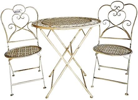 Three-Piece Folding Outdoor Bistro Set with Curved Lattice Design, Round Back Chairs &amp; Round Topped Table, Wrought-Iron, Color: Fossil White