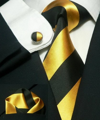 LANDISUN 500 GOLDEN BLACK STRIPE SET:TIE+HANKY+CUFFS