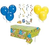 Zoo Animal Baby Shower Birthday Party Decorations Pack (1 Jungle theme Tablecover, 12 Hanging Safari Animal Swirls & 12 Balloons)