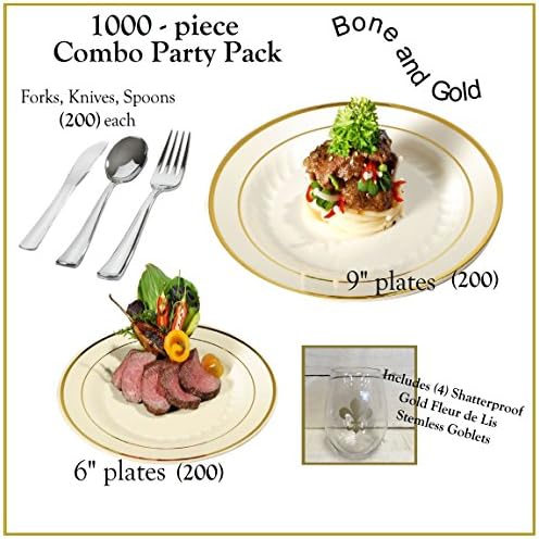 1000 Pieces Plastic China Plate Silverware Combo for 200 people BONE with Gold Bands