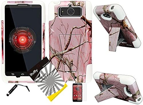 3 items Combo: ITUFFY(TM) LCD Screen Protector Film + Mini Stylus Pen + 2 tone Design Dual Layer KickStand Tuff Impact Armor Hybrid Soft Rubber Silicone Cover Hard Snap On Plastic Case for Motorola XT1030 Droid Mini (DROID MINI Pink Tree Camouflage - White)