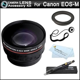 Wide Angle Lens Kit For The New Canon EOS M, EOS-M 18.0 MP Compact Systems Digital Camera (That Use EF-M 22mm f/2 STM and EF-M 18-55mm STM lens) Includes 43mm-52mm Ring Adapter + HD .43x Wide Angle Lens W/ Macro + LensPen Cleaning Kit + Cap Keeper + More