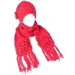 Winter Crochet Flower Knit Beanie Hat with Ski Scarf Pockets Mitten Hot Pink 2pc Set