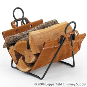 Woodfield Black Log Rack with Leather Carrier Wood Holder for Fireplace by Aiden's Hearth